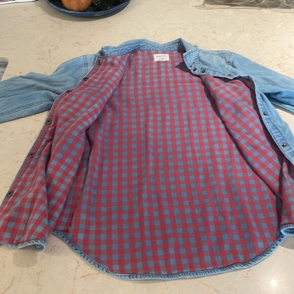 American Eagle flannel lined snap button denim top oversized fit SZ medium - Picture 7 of 10